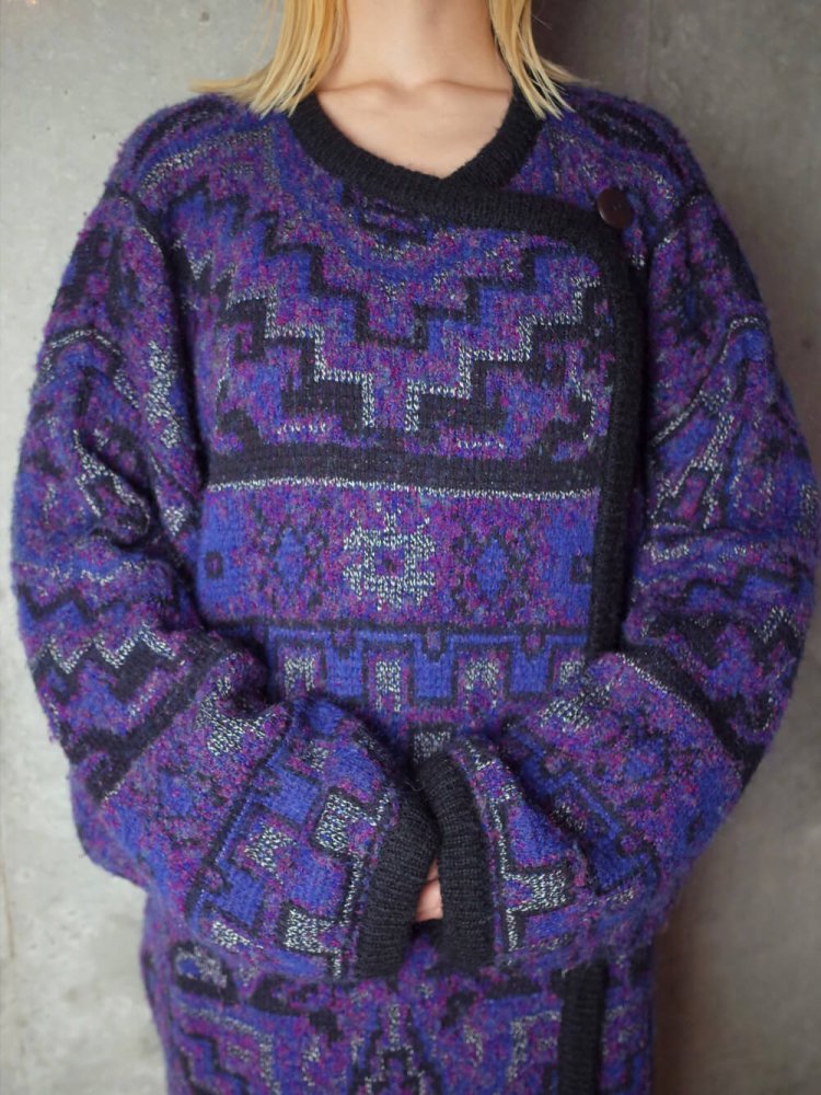 Blue/Purple Gradation Geometric Knit Coat