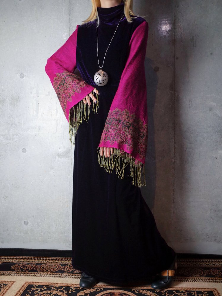 REMAKEStole Sleeve Dress / Deep Purple Velvet Hi Neck