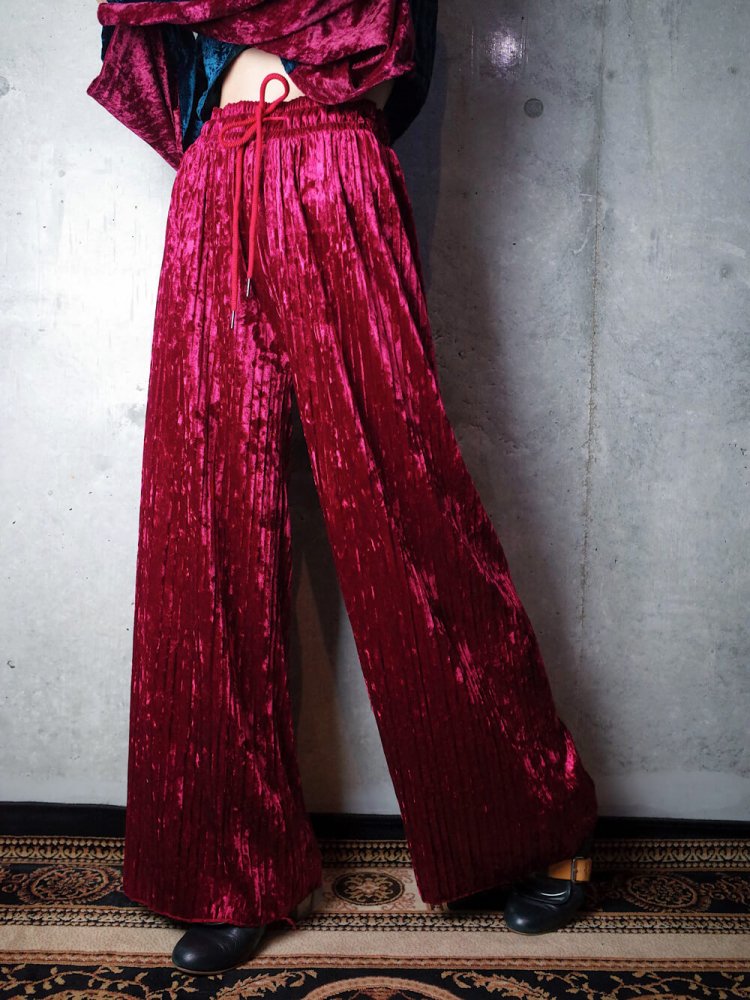 Red Velvet Pleats Wide Pants