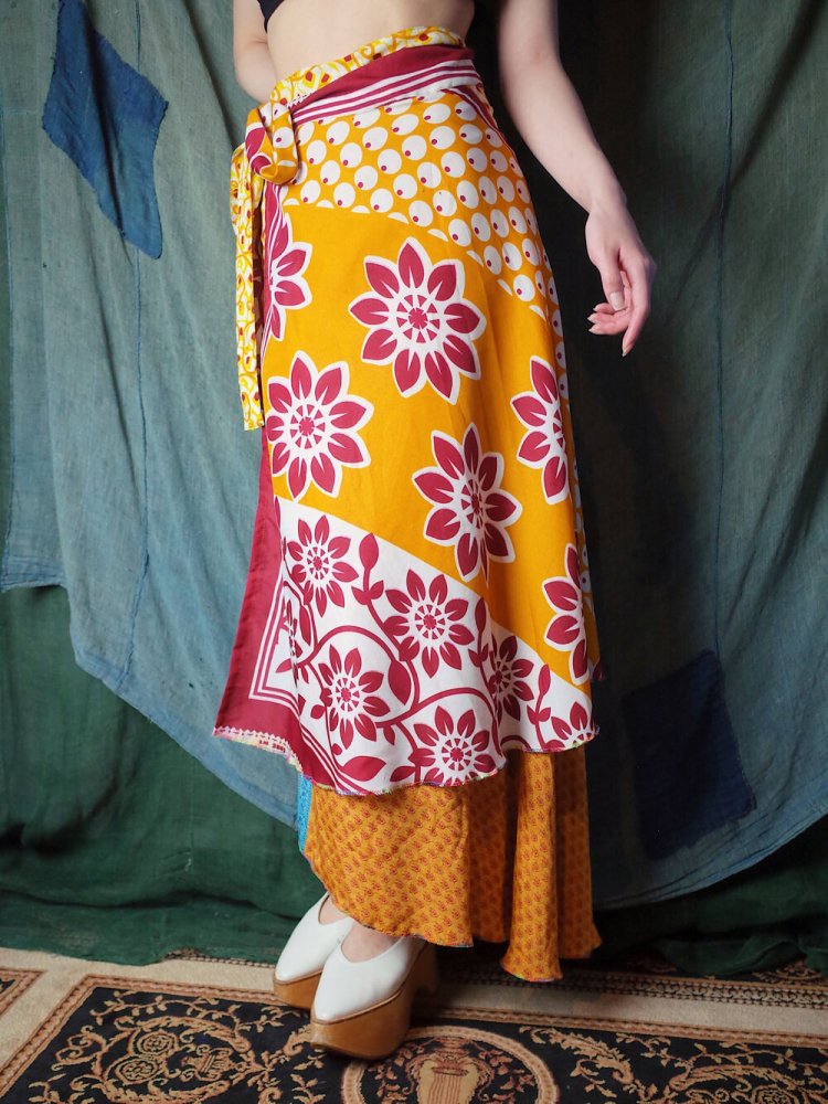 Oriental Pattern Layered Silk Wrap Skirt