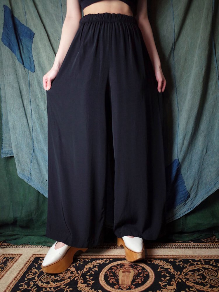 Black Rayon Satin Wide Pants