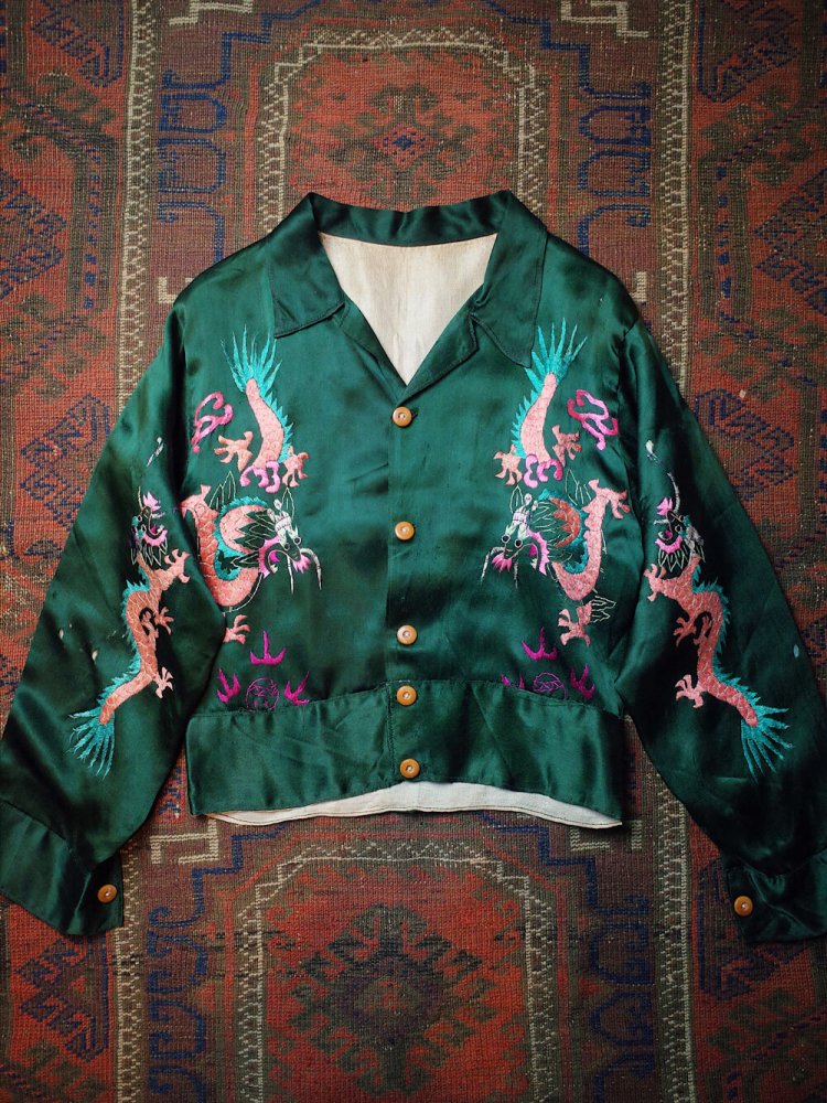 c.1940~50s SHANGHAI CHINA Deep Green Souvenir Shirt  / 1940~1950ǯ她 ζ 㥤