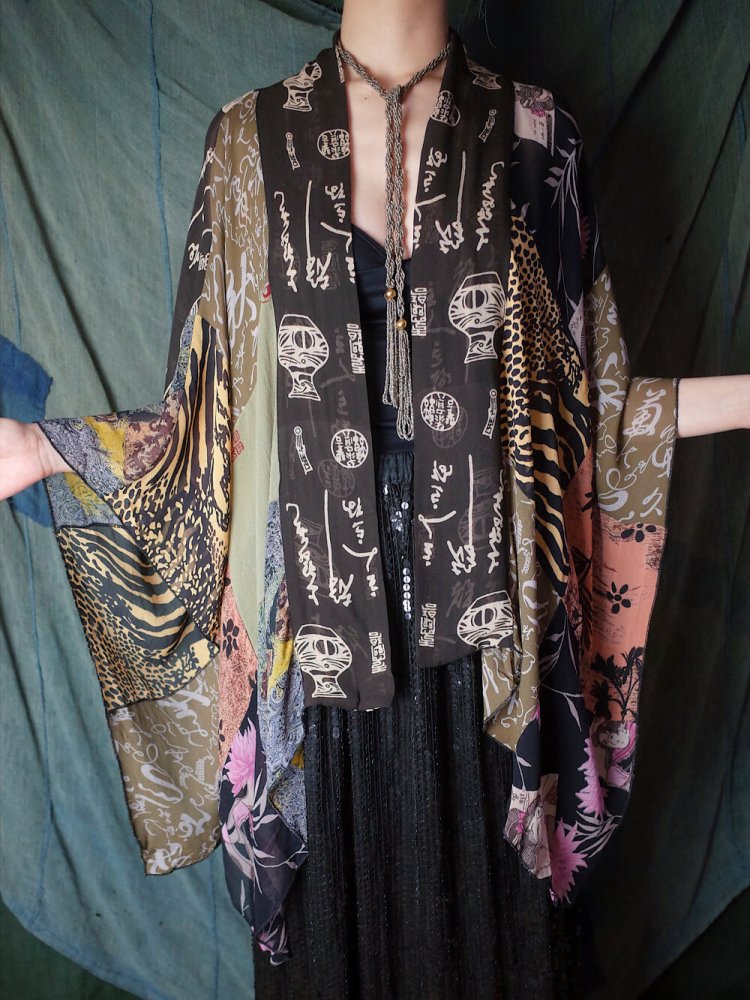  Oriental Patchwork Sheer Cape Gown