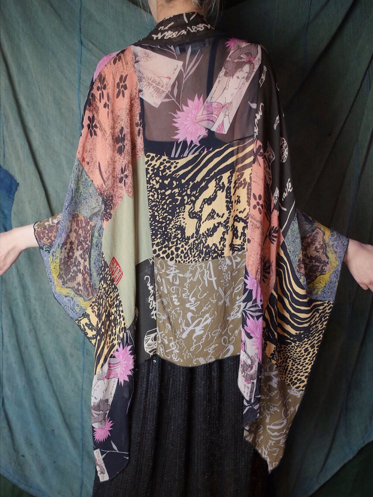  Oriental Patchwork Sheer Cape Gown