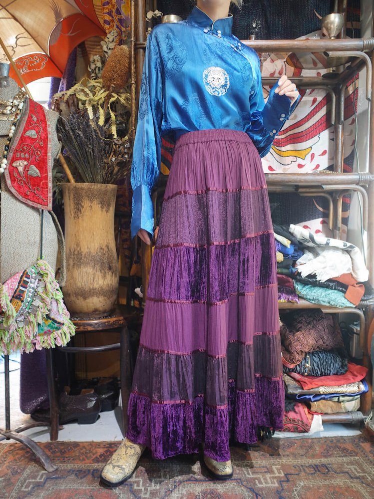 Purple Velvet & Jacquard Tiered Skirt