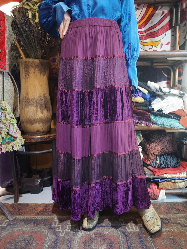 Purple Velvet & Jacquard Tiered Skirt