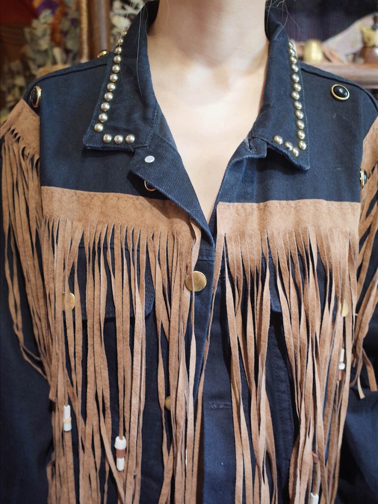 Studs & Fringe Custom Black Denim Jacket