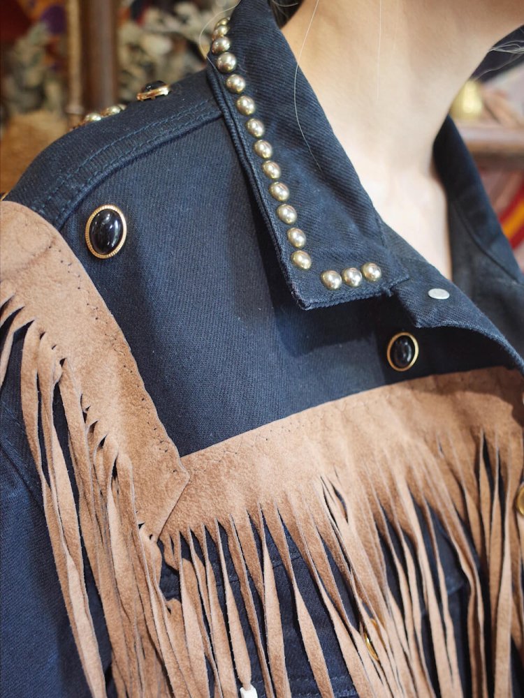 Studs & Fringe Custom Black Denim Jacket