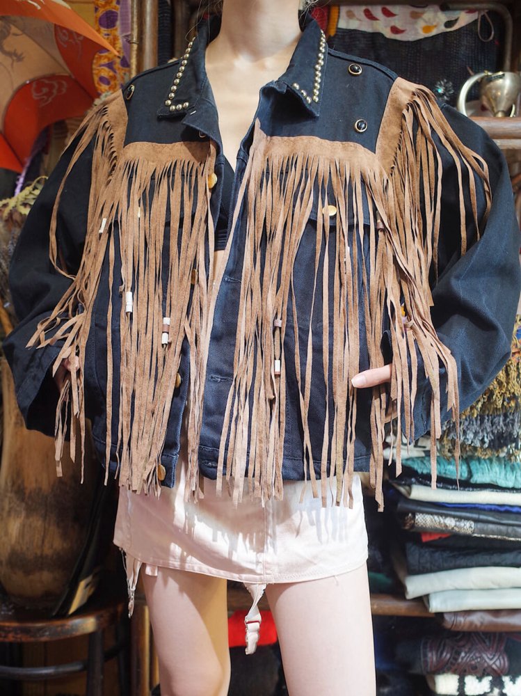 Studs & Fringe Custom Black Denim Jacket