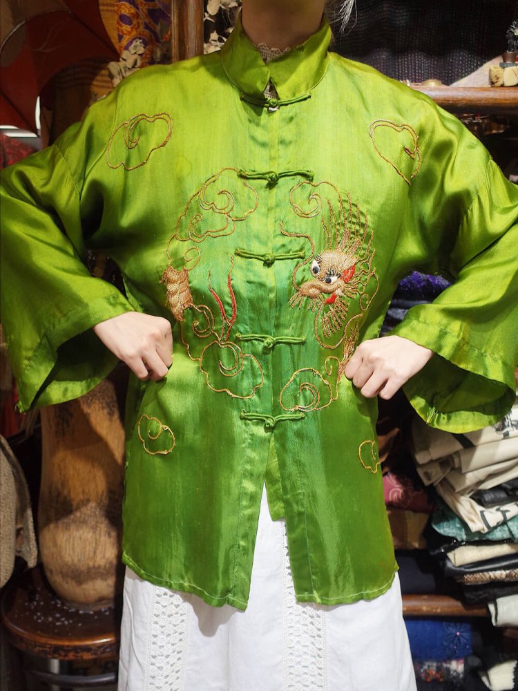 c.1950-60s Dragon Embroidery Fade Green China Shirt