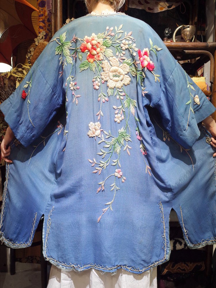 c.1920s "Fade Blue  BORO" Chinese Embroidery Silk Gown