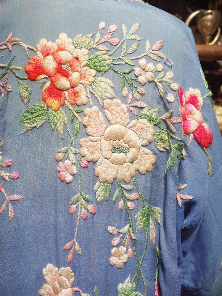 c.1920s "Fade Blue  BORO" Chinese Embroidery Silk Gown