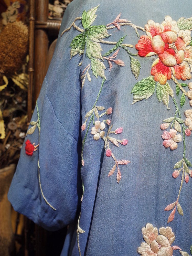 c.1920s "Fade Blue  BORO" Chinese Embroidery Silk Gown