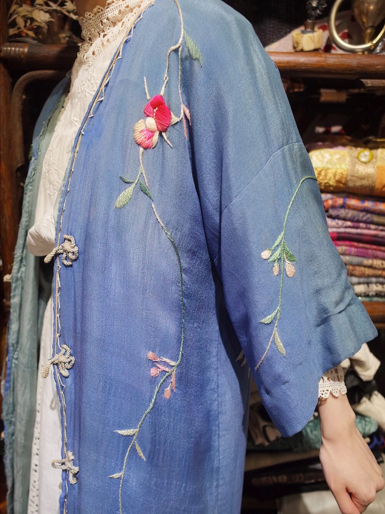 c.1920s "Fade Blue  BORO" Chinese Embroidery Silk Gown