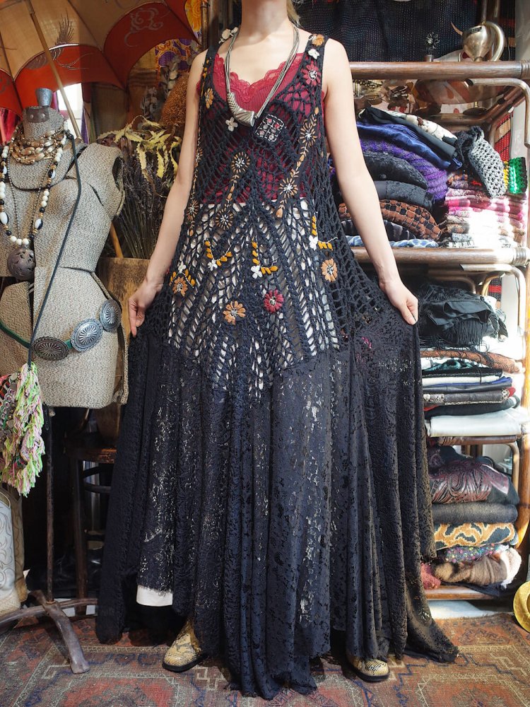 Embroidery Low Gauge Knit  Lace Long Dress