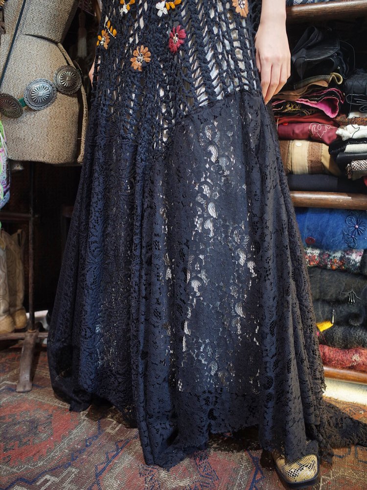 Embroidery Low Gauge Knit  Lace Long Dress