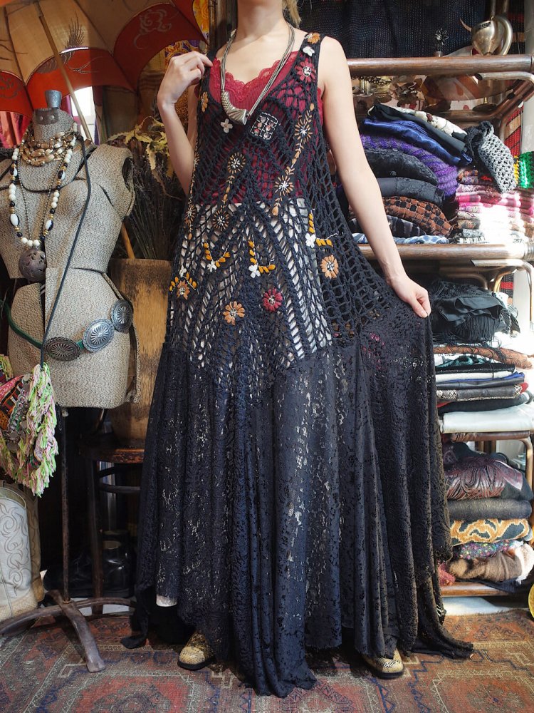 Embroidery Low Gauge Knit  Lace Long Dress