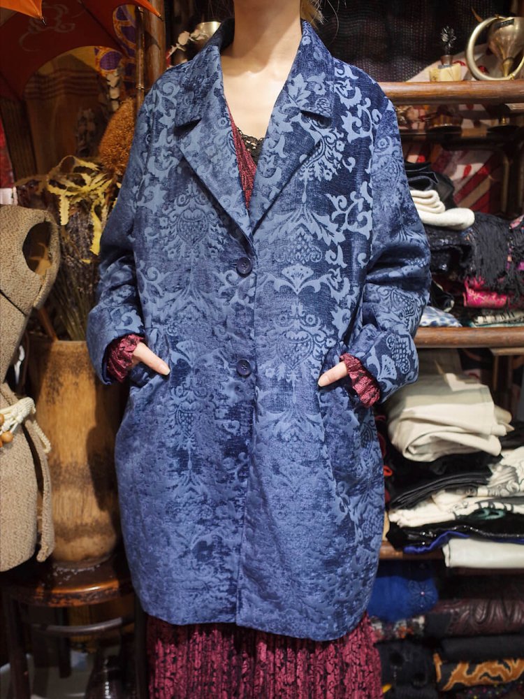 Navy Damask Woven Long Jacket Coat