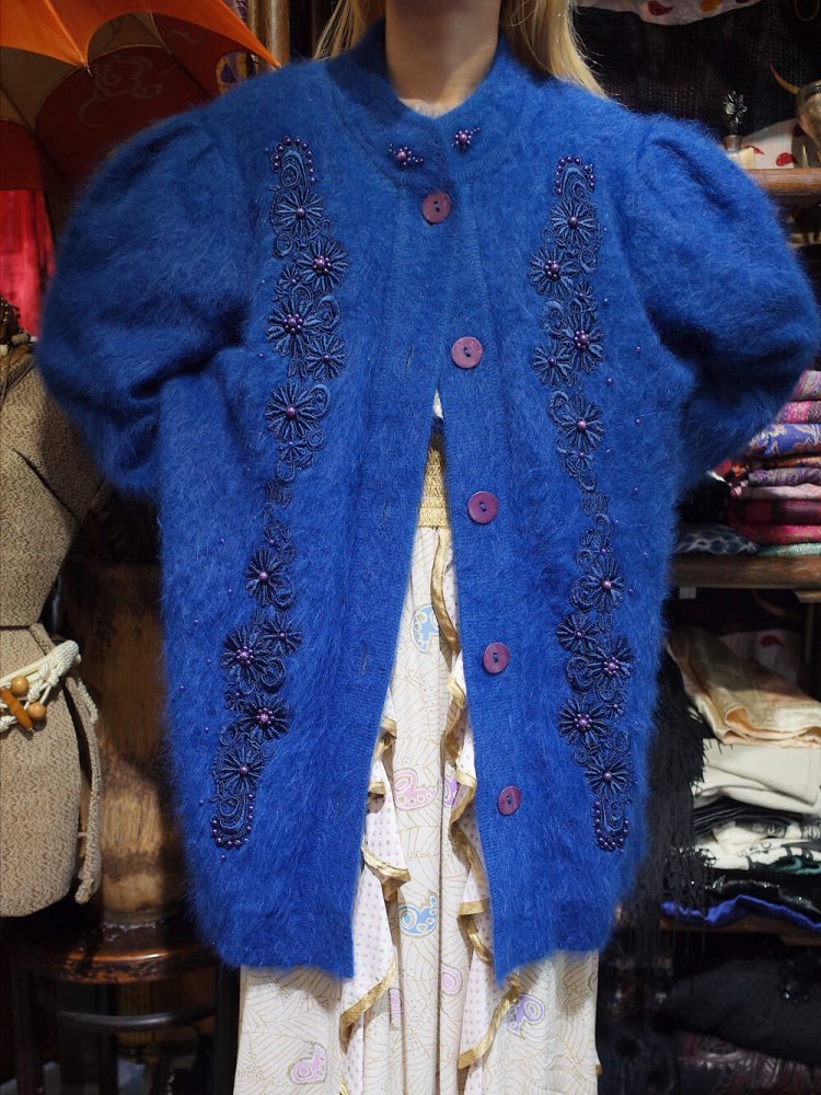 Royal Blue Bijou Embroidery Angora Knit Jacket