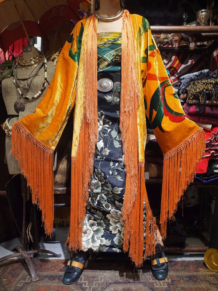 c.1920s Orientalism Hand Paint Fringe Velvet Gown