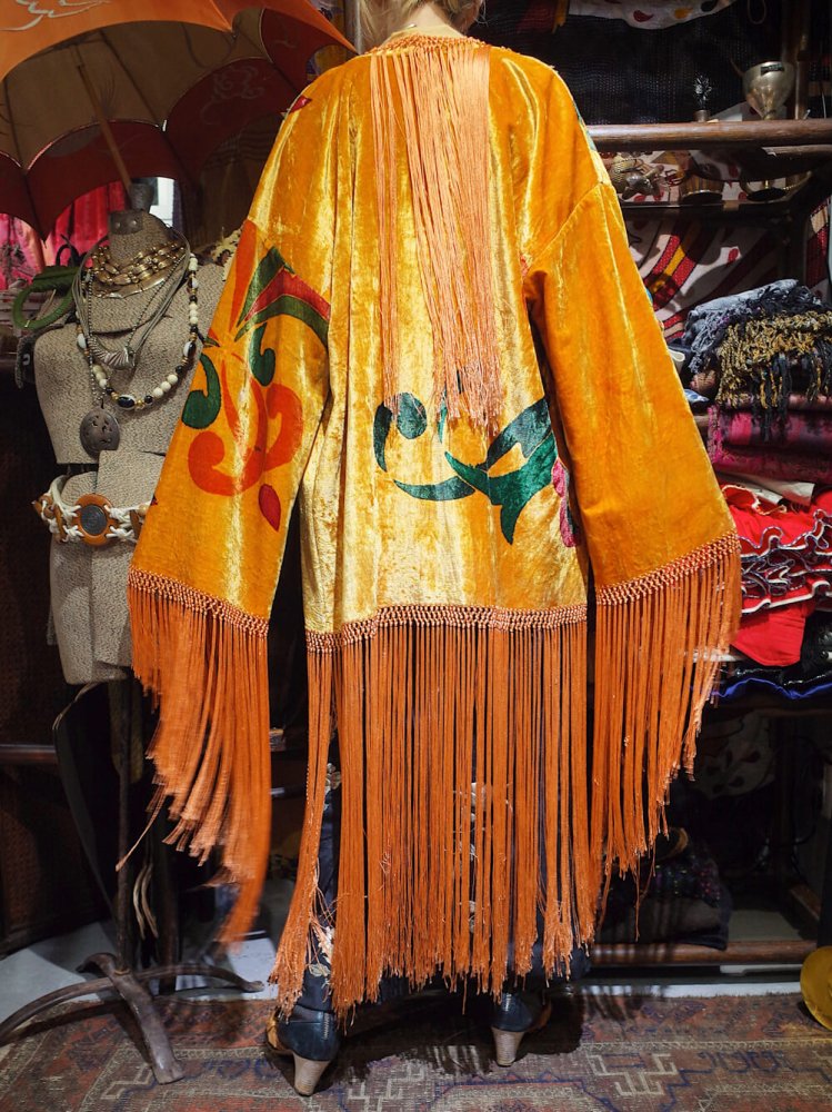 c.1920s Orientalism Hand Paint Fringe Velvet Gown