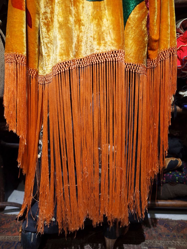 c.1920s Orientalism Hand Paint Fringe Velvet Gown