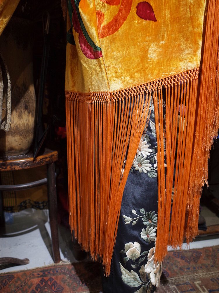 c.1920s Orientalism Hand Paint Fringe Velvet Gown