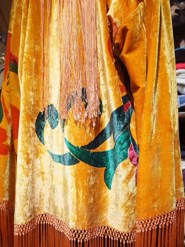 c.1920s Orientalism Hand Paint Fringe Velvet Gown