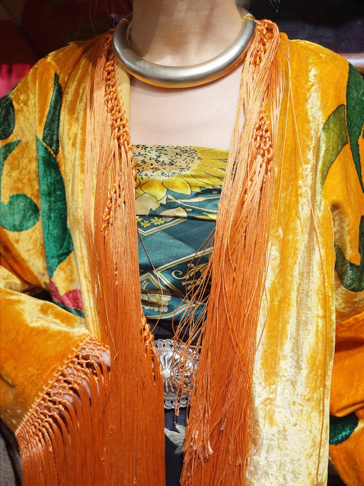 c.1920s Orientalism Hand Paint Fringe Velvet Gown