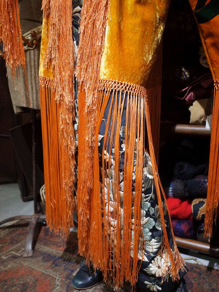 c.1920s Orientalism Hand Paint Fringe Velvet Gown