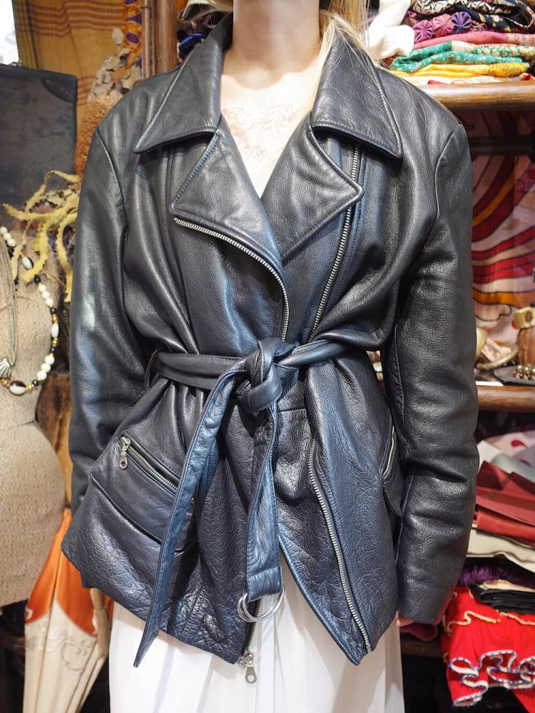 Big Silhouette Leather Belted Double Riders Jacket