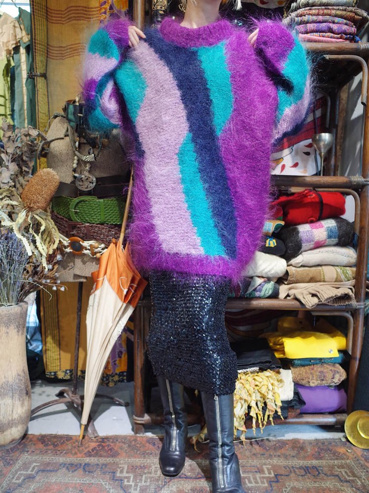 Modern Pattern Long Mohair Knit Sweater