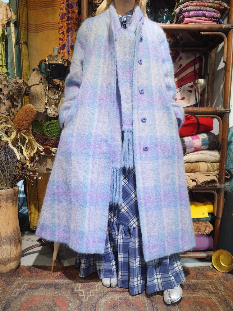 c.1960~70s Hand Woven in IRELAND Plaid Mohair Stole Coat