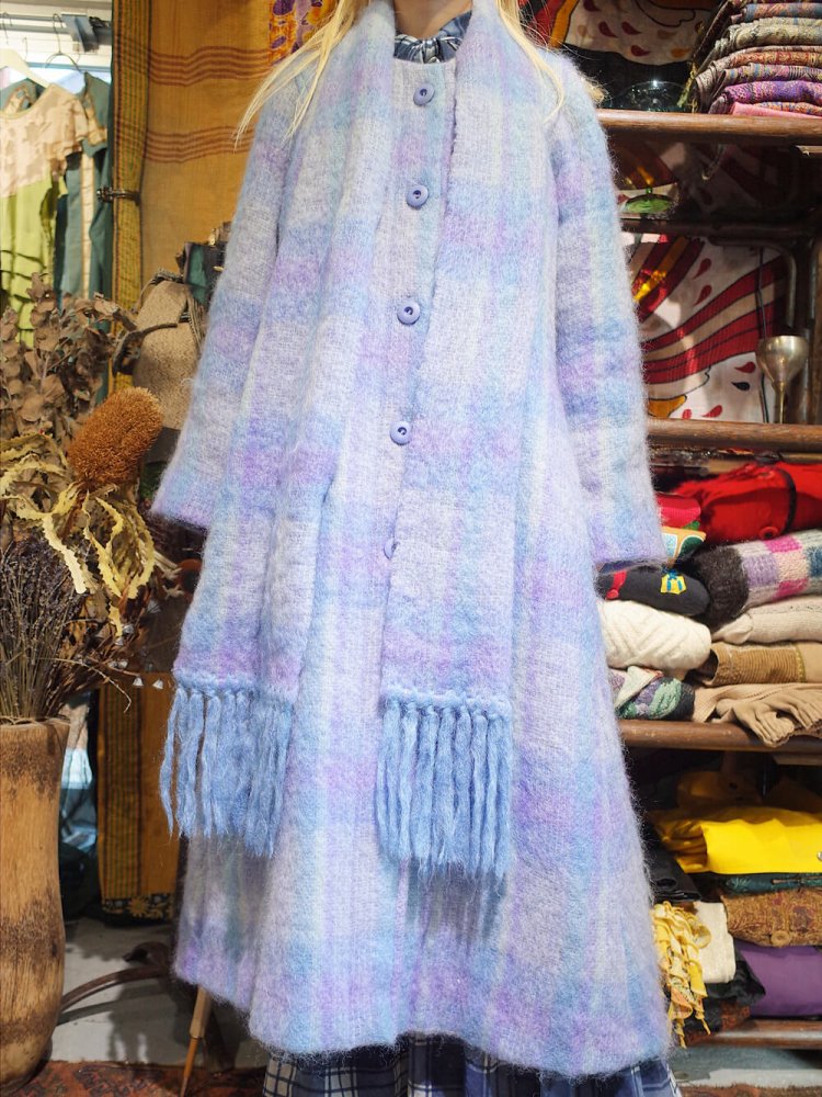 c.1960~70s Hand Woven in IRELAND Plaid Mohair Stole Coat