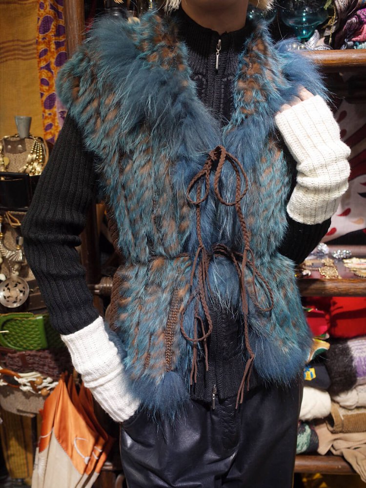 Blue  Brown Rabbit Shaggy Fur Vest