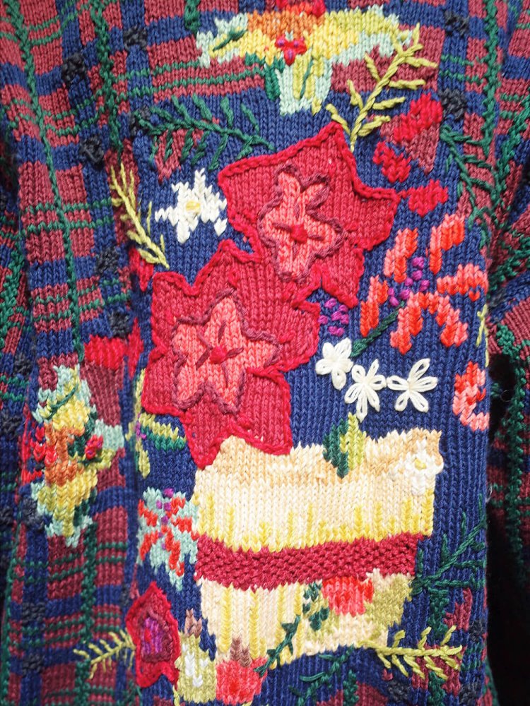 Hand Knitted in URUGUAY Plaid  Flower Knit Cardigan