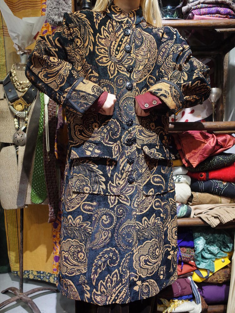 Paisley Black Gobelin Mao Collar Coat