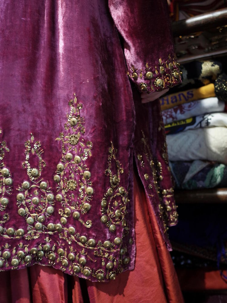 c.1960s Smoky Pink Velvet Chinese Metal Bijou Embroidery Gown