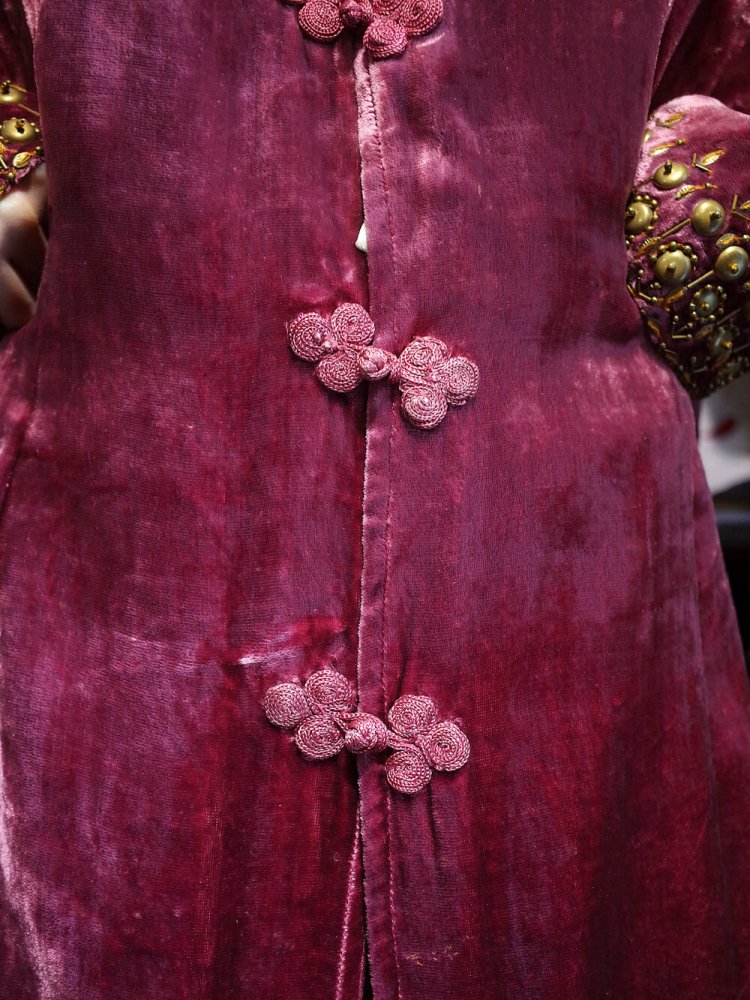 c.1960s Smoky Pink Velvet Chinese Metal Bijou Embroidery Gown