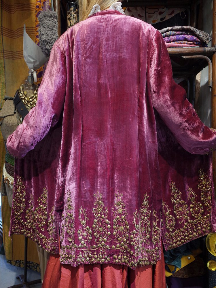 c.1960s Smoky Pink Velvet Chinese Metal Bijou Embroidery Gown