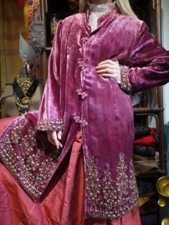 c.1960s Smoky Pink Velvet Chinese Metal Bijou Embroidery Gown