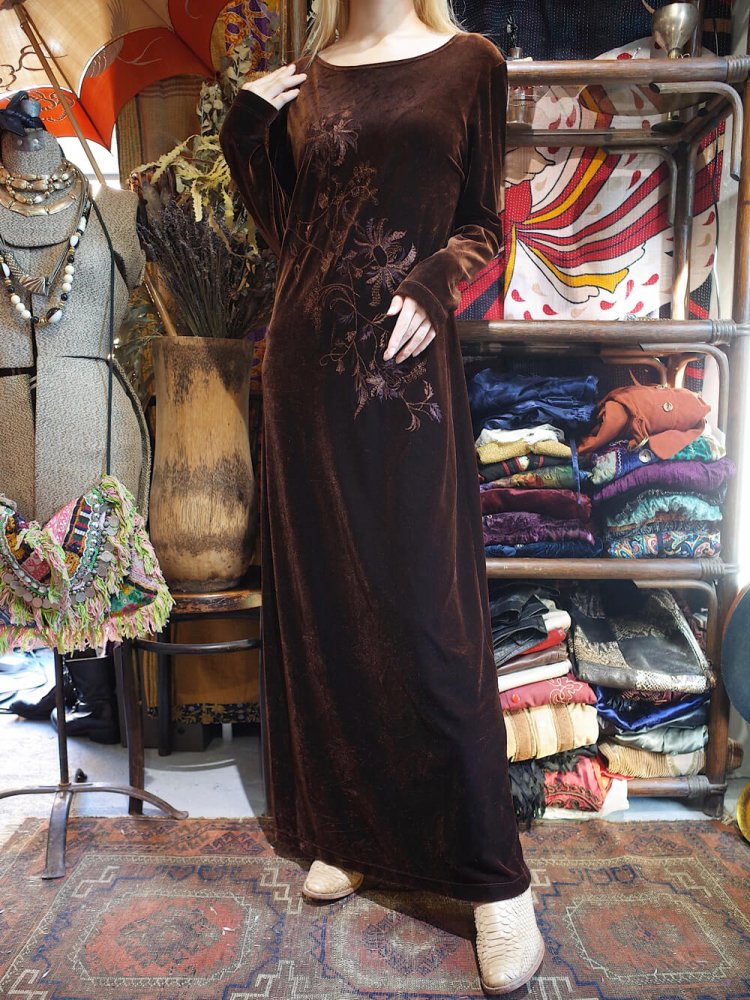 Embroidery Chocolate Brown Velvet Dress