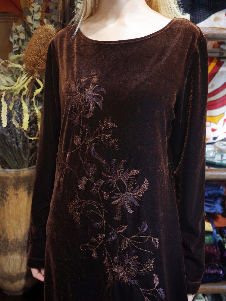 Embroidery Chocolate Brown Velvet Dress