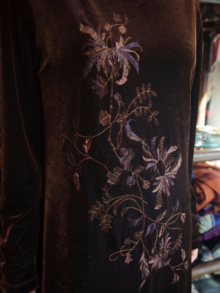 Embroidery Chocolate Brown Velvet Dress