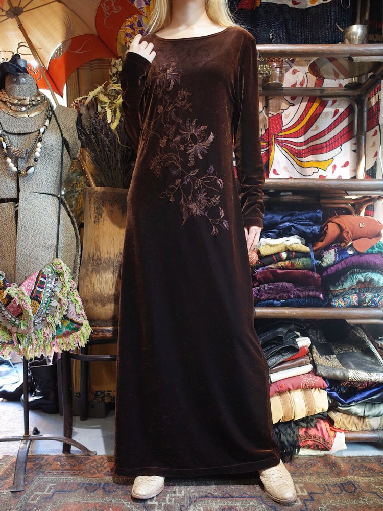 Embroidery Chocolate Brown Velvet Dress