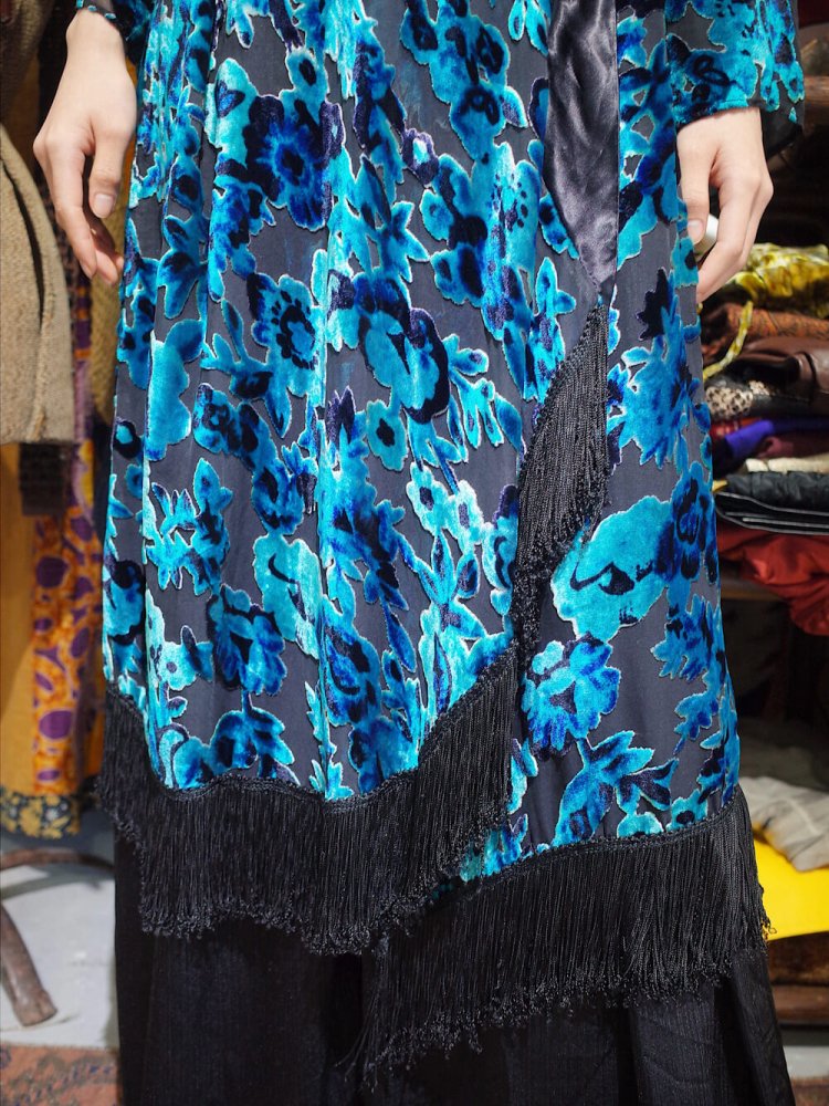 Velvet  Sheer Blue Flower Fringe Gown