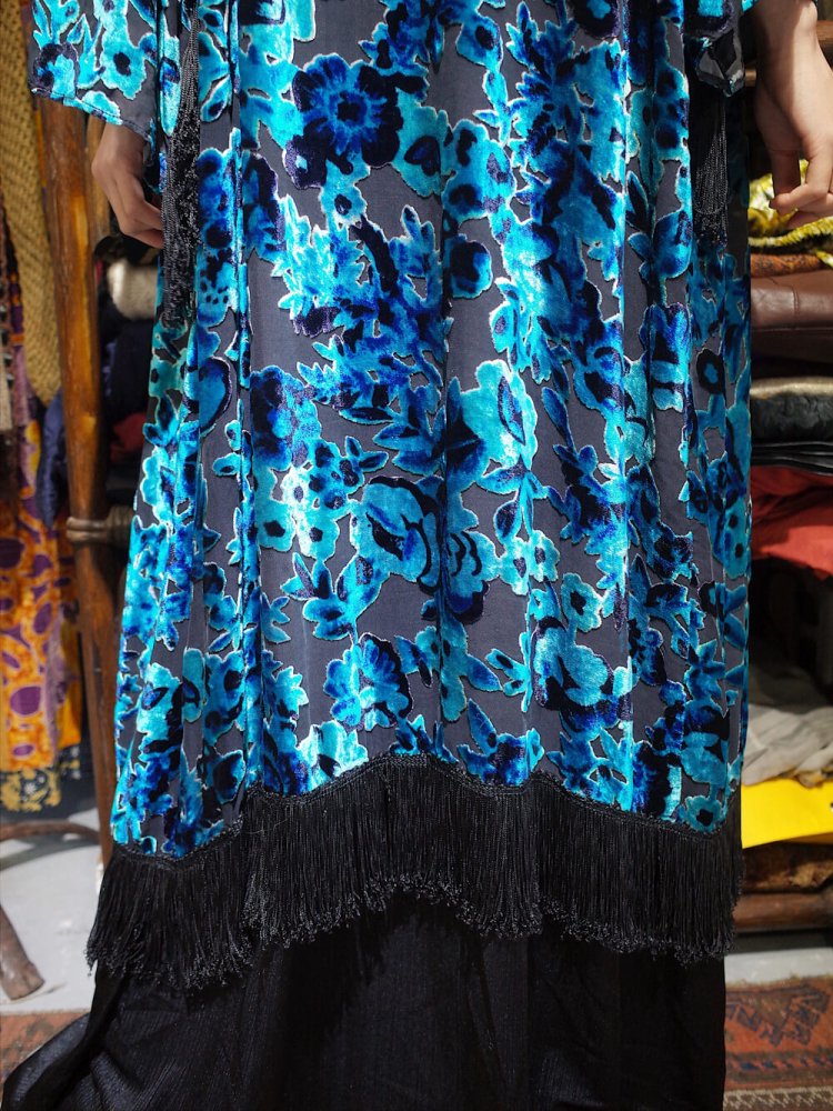 Velvet  Sheer Blue Flower Fringe Gown