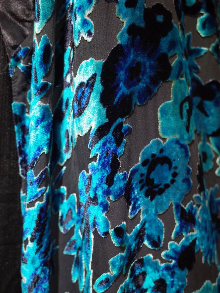 Velvet  Sheer Blue Flower Fringe Gown