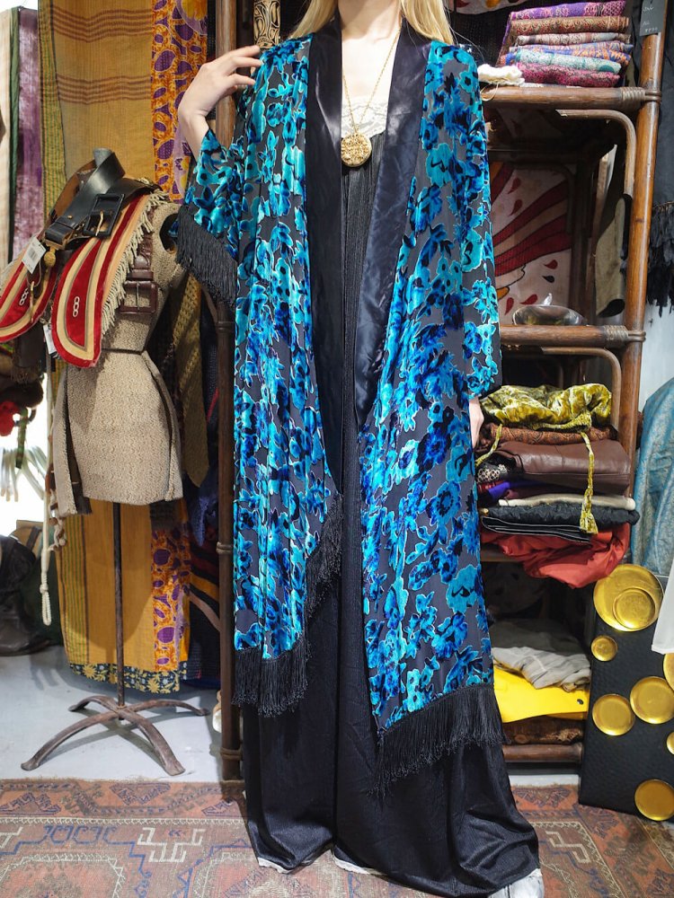 Velvet  Sheer Blue Flower Fringe Gown