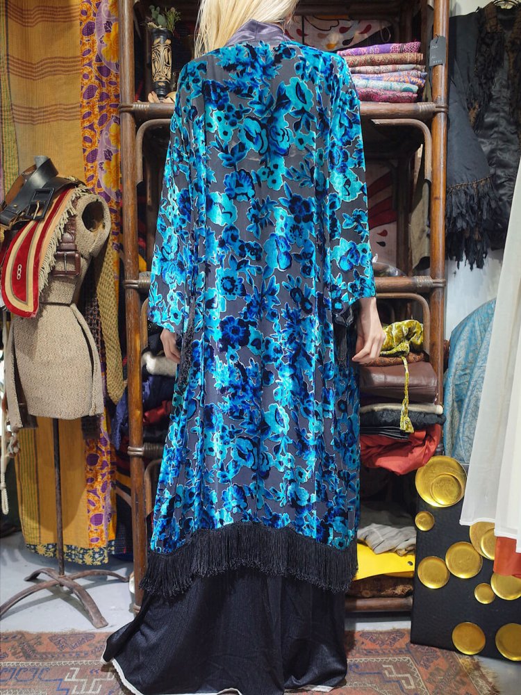 Velvet  Sheer Blue Flower Fringe Gown